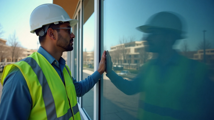 Fotografía de un trabajador manual, un albañil o un contratista trabajando en una comunidad, frente a su imagen reflejada en un cristal del edificio.