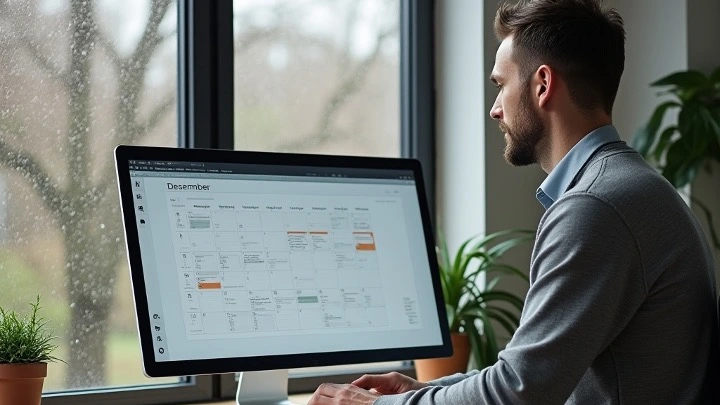 Una administrador de ficas planifica el cierre de su año fiscal ferente a un calendario que se ve en una pantalla de ordenador.