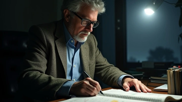 Hombre mayor con gafas escribiendo en un cuaderno en su escritorio por la noche, iluminado por una lámpara de mesa.