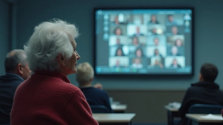 Una mujer de edad avanzada asiste telemáticamente a una reunión de su comunidad de vecinos.