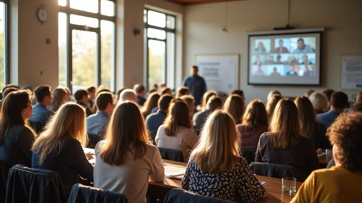 Asamblea o junta con numerosos asistentes en una sala, mientras se proyecta en una pantalla una videoconferencia con varios participantes conectados en remoto.