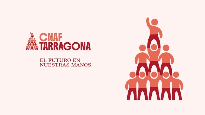 Logo de CNAF Tarragona junto al lema “El futuro en nuestras manos”, acompañado de una ilustración de personas formando una estructura humana en forma de pirámide.
