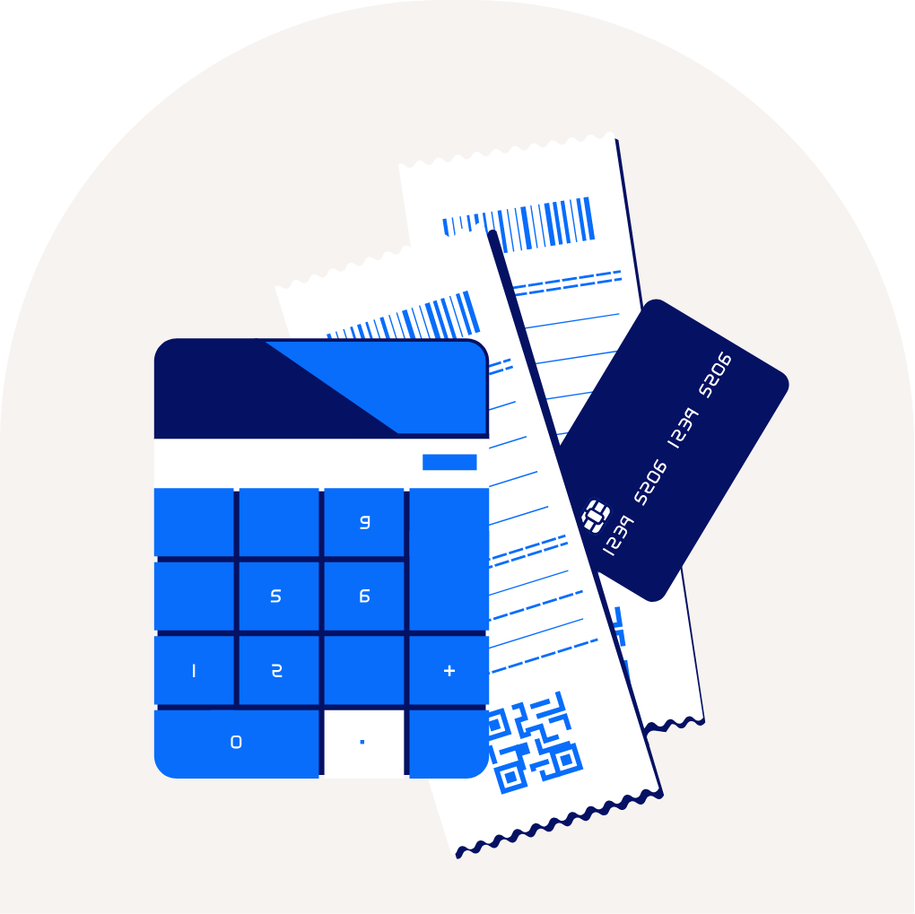 Ilustracion de una calculadora, tikets y una tarjeta bancaria