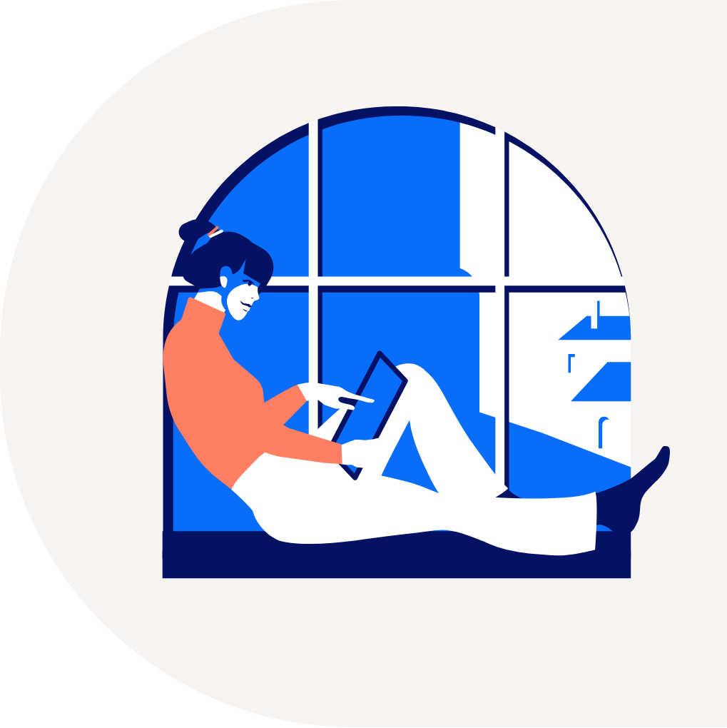 Ilustracion de una mujer con un portatil sobre la repisa de una ventana